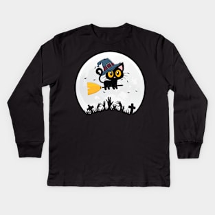 Cat Witch Kids Long Sleeve T-Shirt